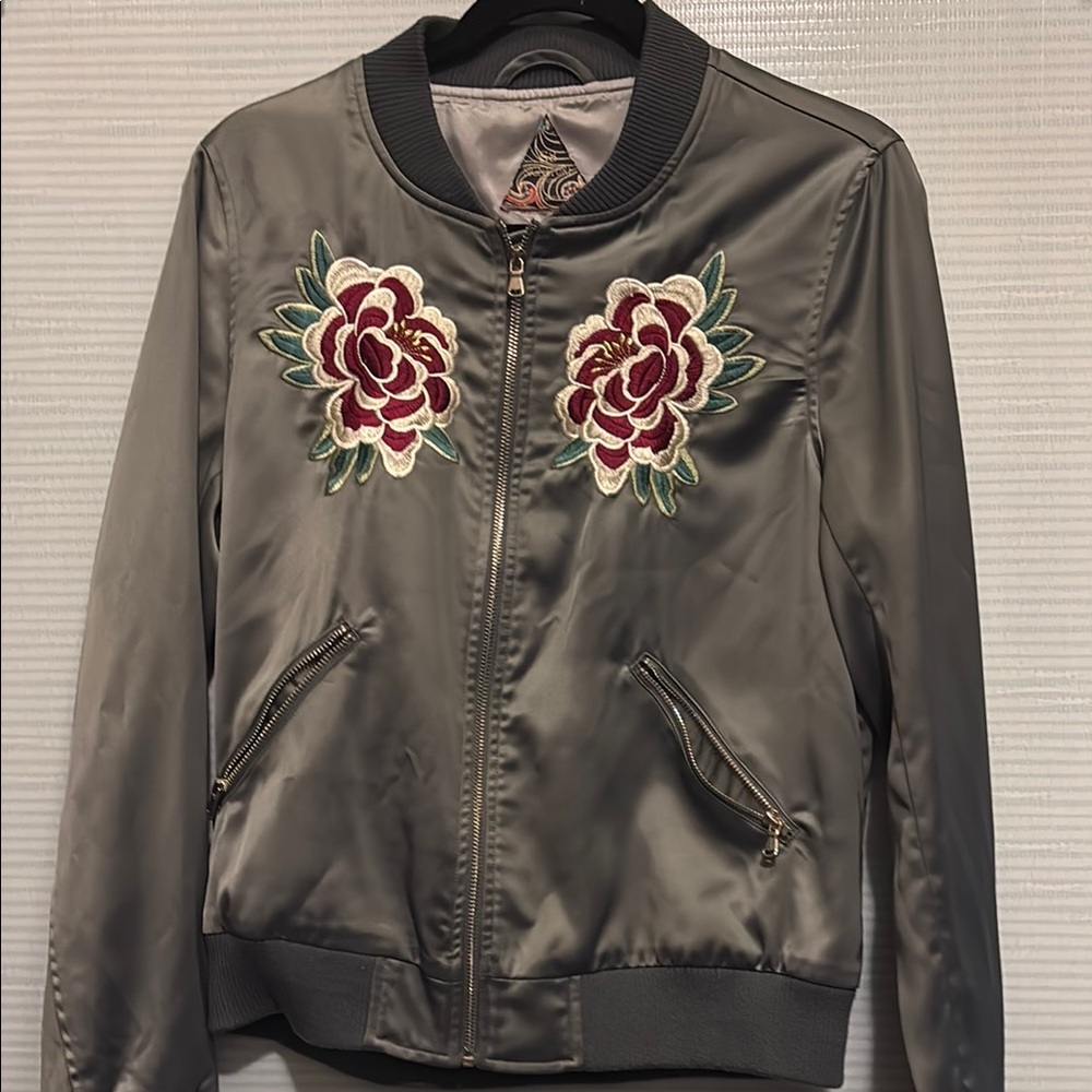 Floral Embroidered Gray Bomber Jacket